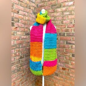 Hand Knitted Bright Colorful Multicolored Rainbow Chunky Scarf with Pockets